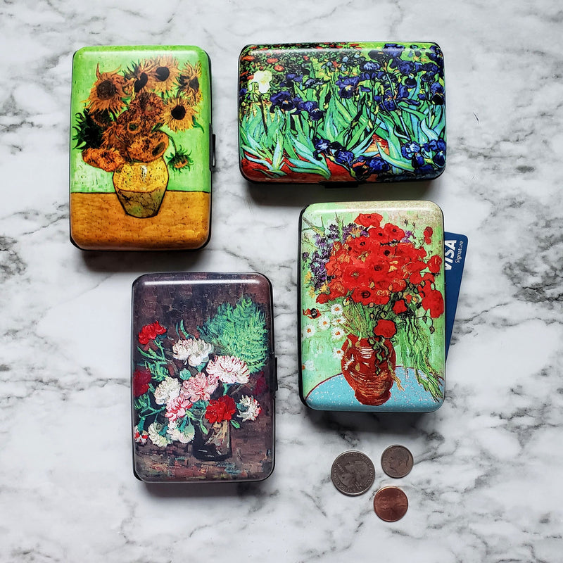 Armored RFID Van Gogh Carnations Wallet, RFID Protection Hard Case Card Holder, 6 Pocket Aluminum Wallet, Classic Art Floral Vase Wallet